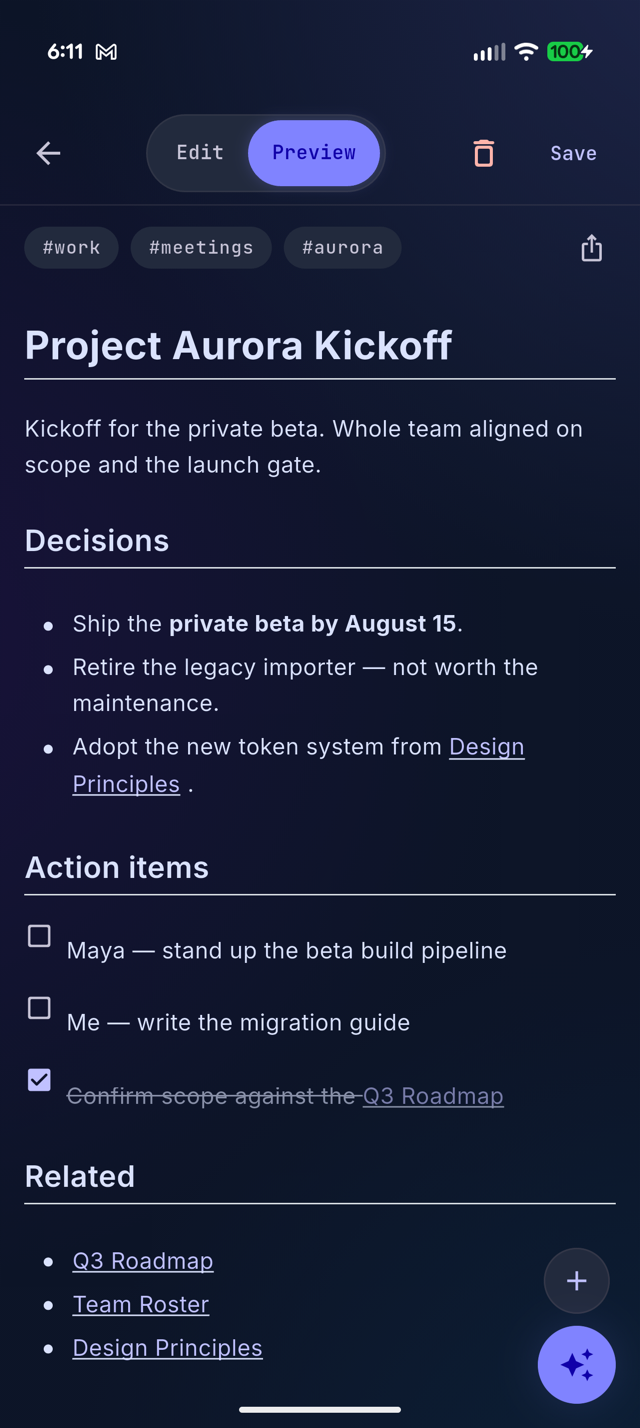 A finished note with checklists, tags, and related links