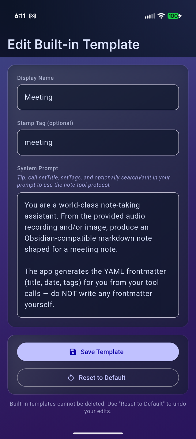 Template editor showing an editable note style