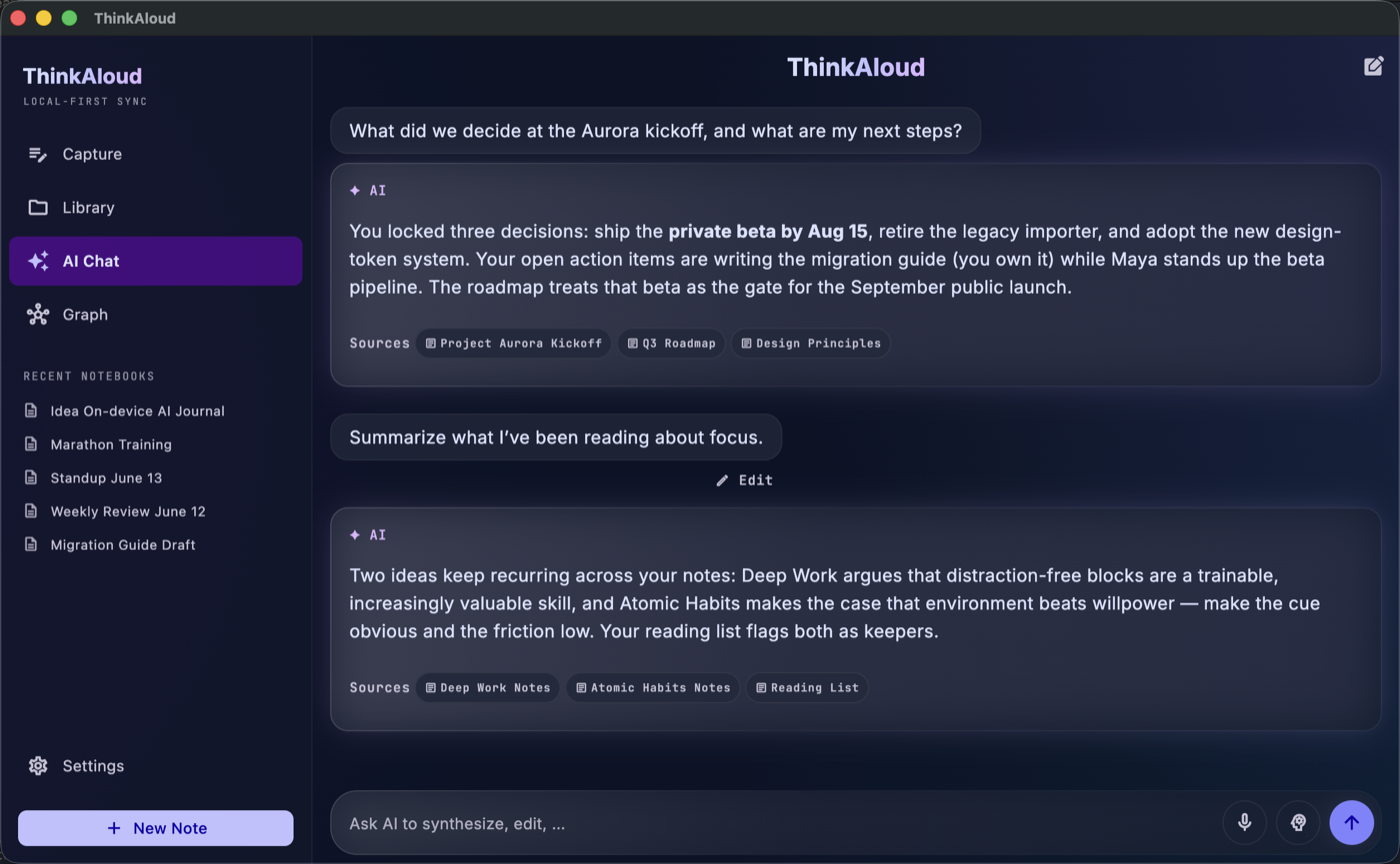 Asking your vault on macOS — the AI Chat pane answering a question with cited sources